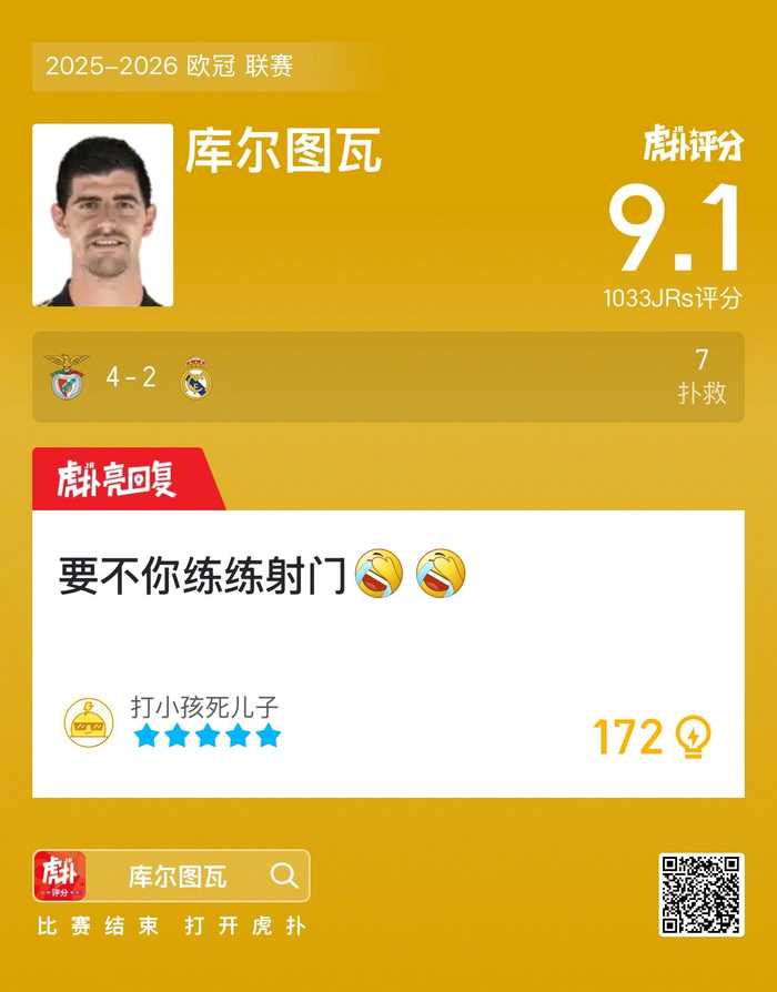 本菲卡4比2胜皇马，库尔图瓦7次扑救难救主